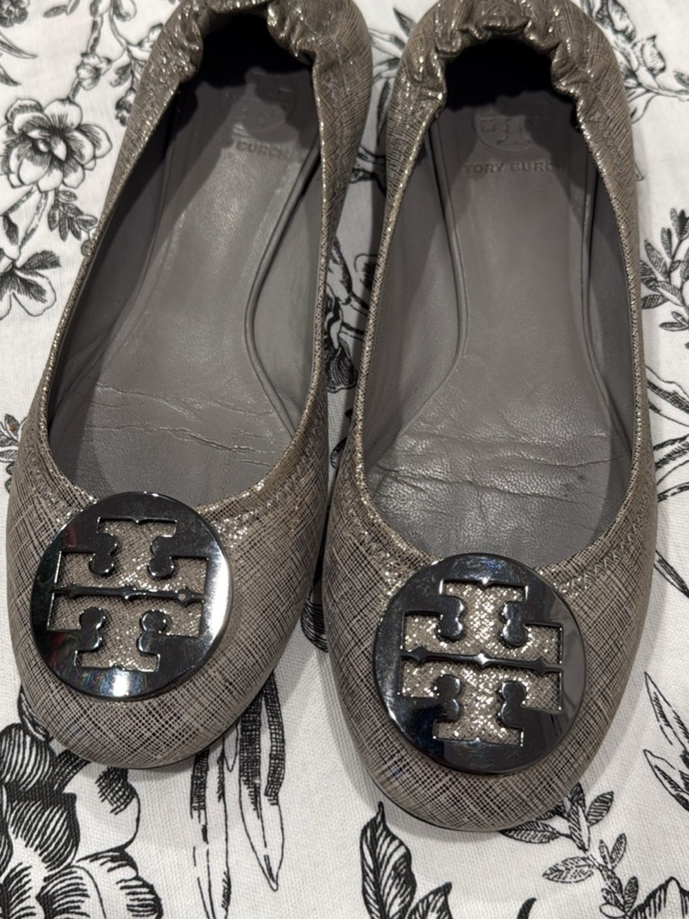 Tory Burch Metallic Taupe Logo Round-Toe Ballet Flats